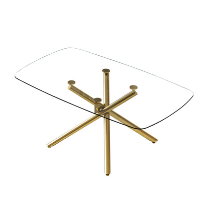 Modern Minimalist Glass Dining Table With 0.39" Tempered Glass Top & en Metal Legs For 6 - 8 People - Golden