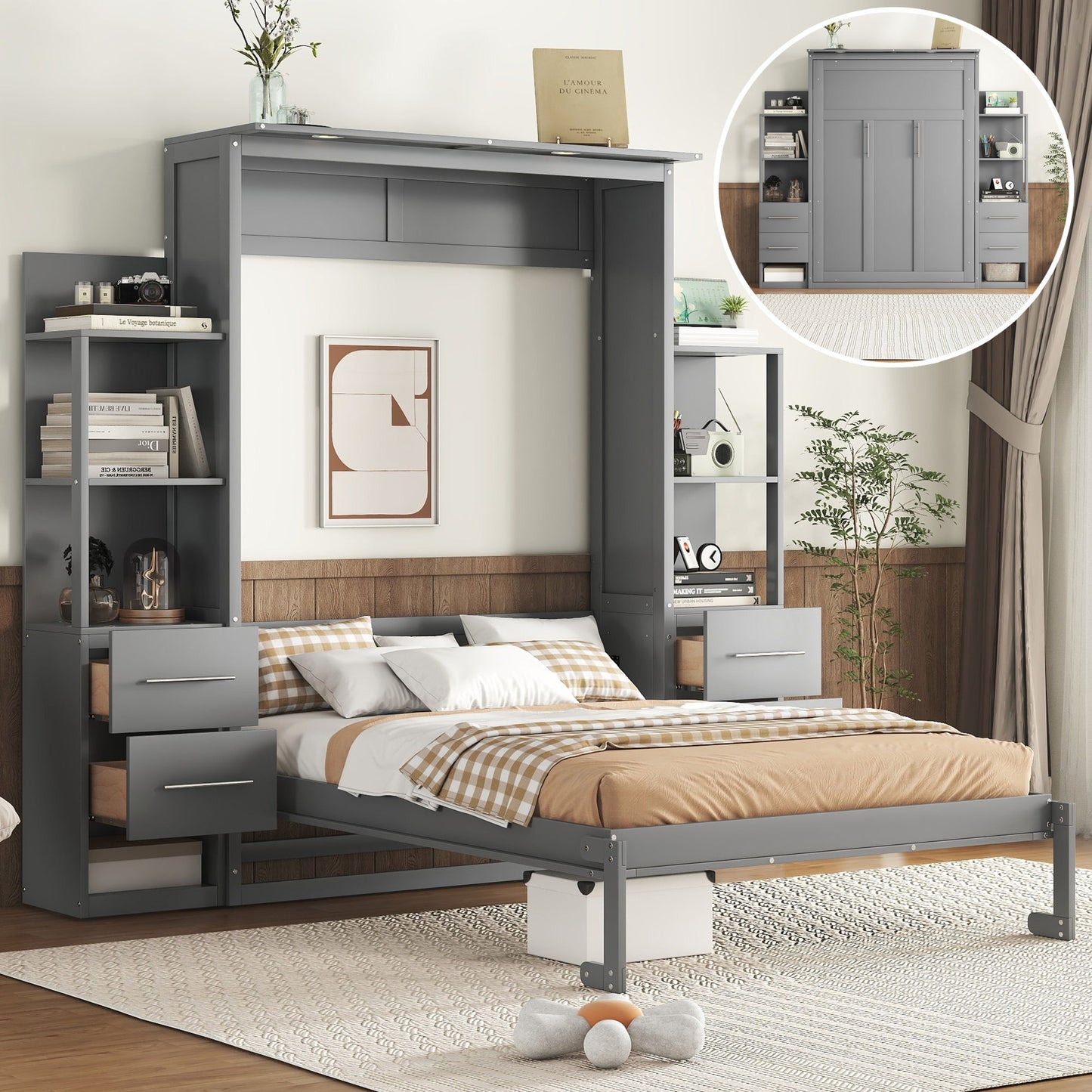 Murphy Wall Bed With Shelves, Drawers And LED Lights