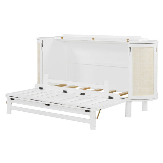 Queen Murphy Bed With Hidden Storage & Modern Woven Design - White