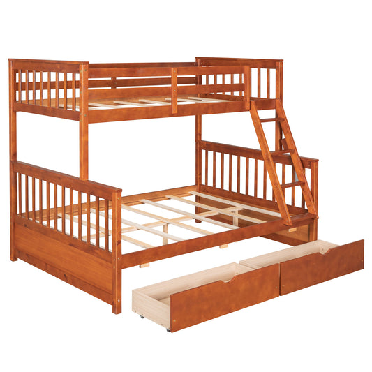 Twin Over Full Bunk Bed With Ladders And Two Storage Drawers - Walnut