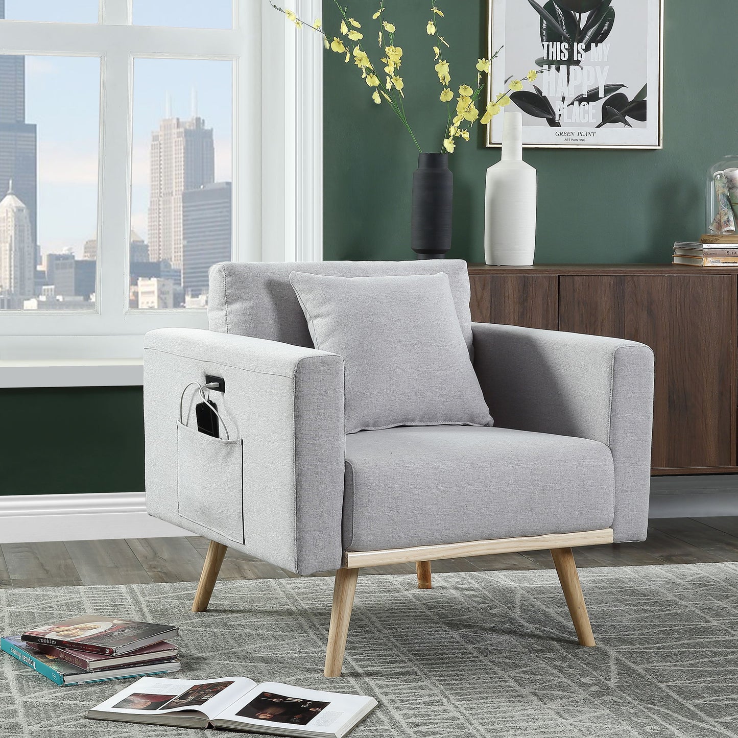 Easton - Linen Fabric Chair With USB Charging Ports Pockets And Pillows