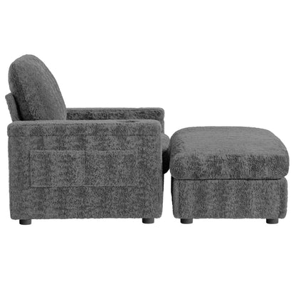 Oversized Chaise Lounge Indoor Rabbit Fur Sofa Bed With Storage Ottoman And Armrests Cup Holders With Deep Seat - Gray