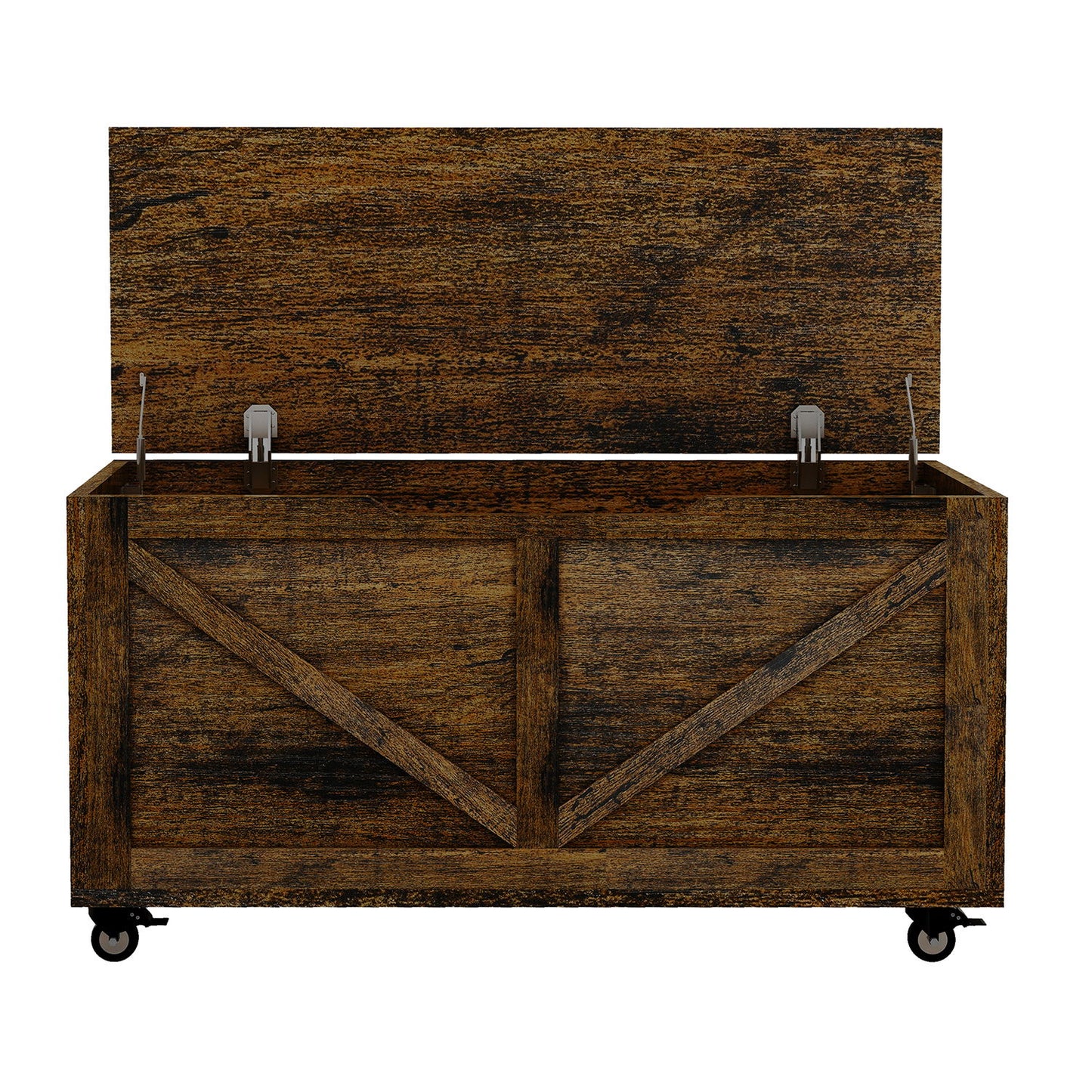 Rustic Wooden Storage Chest With Wheels And Safety Hinge, 300 Lb Capacity - Rustic Brown