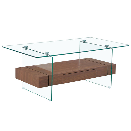 Modern 2 Tier Coffee Table With Drawer Clear Tempered Glass, Multifunctional Storage - Transparent / Wood