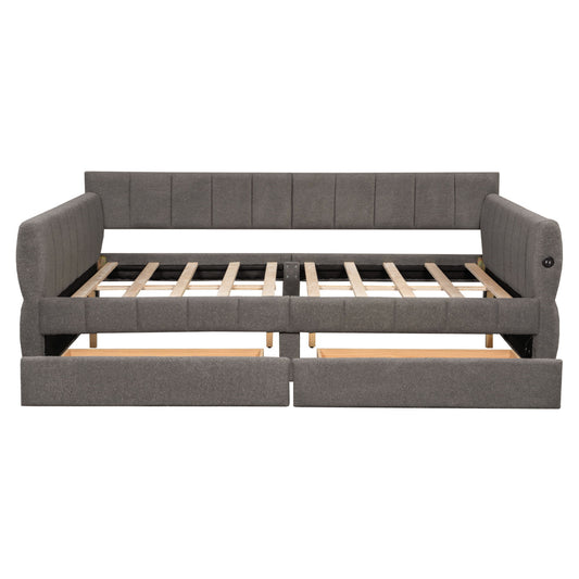 Queen Size Upholstered Platform Bed With USB And 2 Drawers, Lambswool Material - Gray