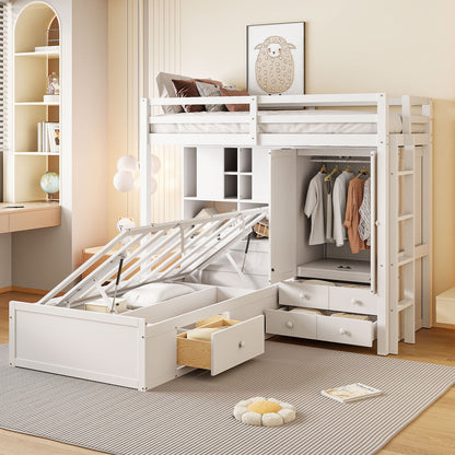 Bunk Bed With Drawers, Wardrobe, Storage Shelves And Hydraulic