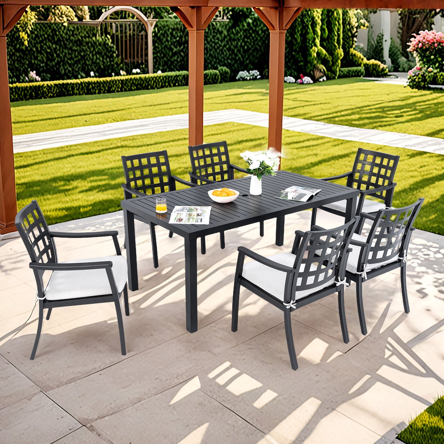 7 Pieces Outdoor Patio Dining Set, Rectangular Table And 6 Stationary Dining Chairs, Cast, Rust Free, Sunbrella Cushions, Weather Resistant - Ember Black