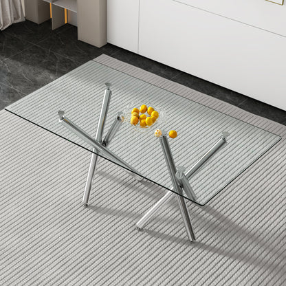 Modern Minimalist Rectangular Glass Dining Table With Tempered Glass Top And Chrome Legs For Kitchen - Silver / Transparent