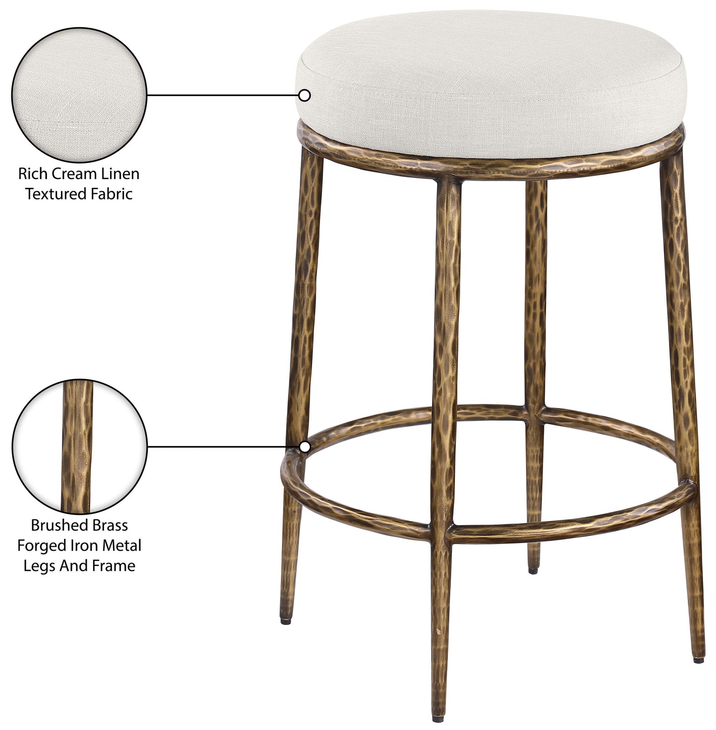 Ferro - Linen Textured Performance Fabric Upholstered Backless Counter Stool - Cream / Brushed Gold