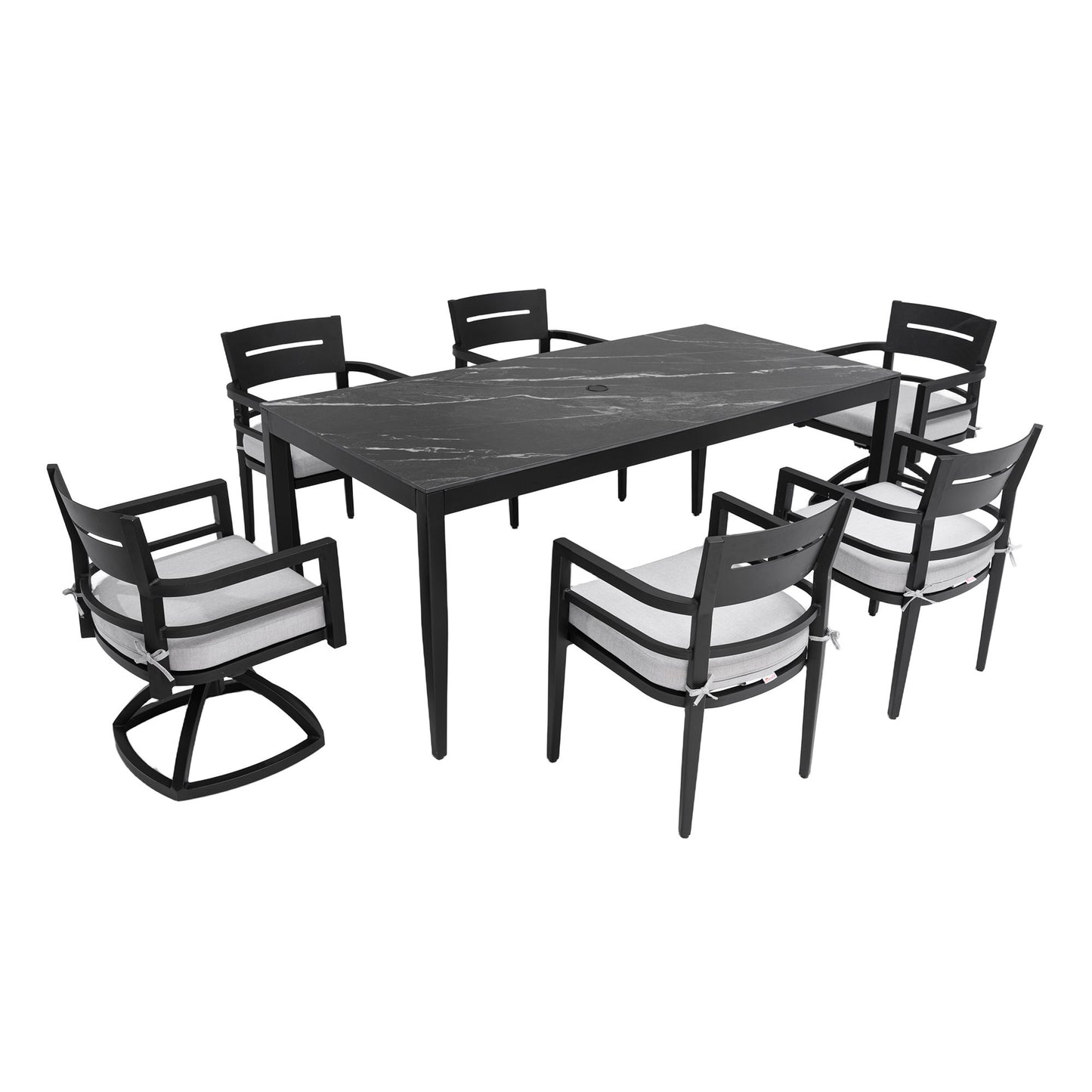 7 Pieces Modern Outdoor Patio Dining Set, Rectangular Table, 4 Chairs & 2 Swivel Rockers, Sunbrella Cushions - Ember Black