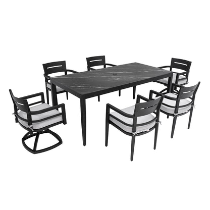 7 Pieces Modern Outdoor Patio Dining Set, Rectangular Table, 4 Chairs & 2 Swivel Rockers, Sunbrella Cushions - Ember Black