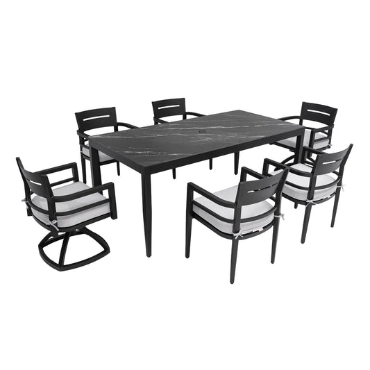 7 Pieces Modern Outdoor Patio Dining Set, Rectangular Table, 4 Chairs & 2 Swivel Rockers, Sunbrella Cushions - Ember Black