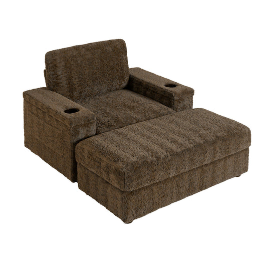 Oversized Chaise Lounge Indoor Rabbit Fur Sofa Bed With Storage Ottoman And Armrests Cup Holders With Deep Seat - Brown