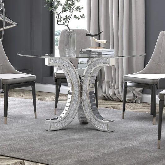 Round Glass Pedestal Dining Table With Tempered Glass Top - Silver