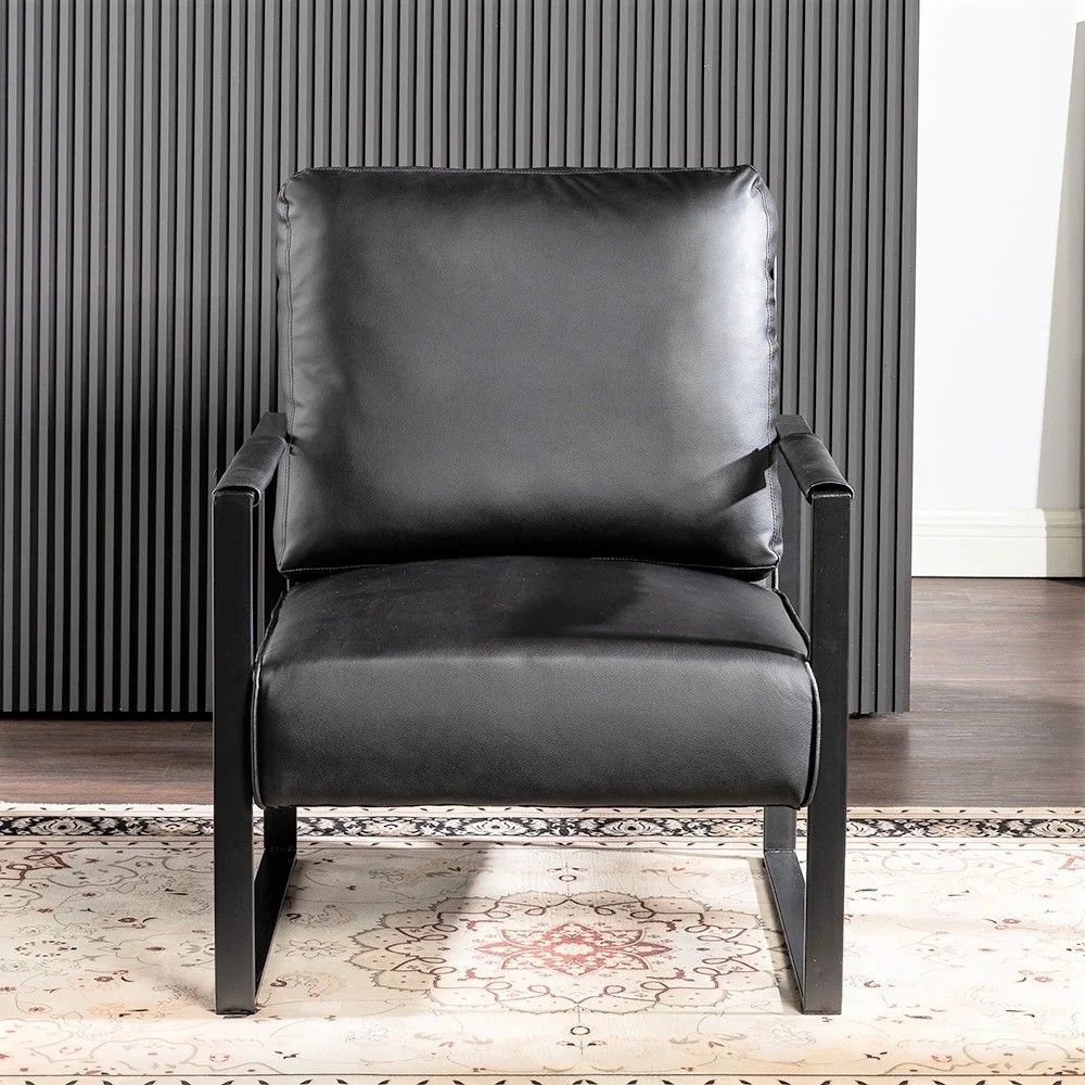 Classic Mid Century Modern Accent Chair With Durable Square Metal Frame, Armchair For Living Room, Bedroom, Home Office Spotted Microfiber Upholstery - Black