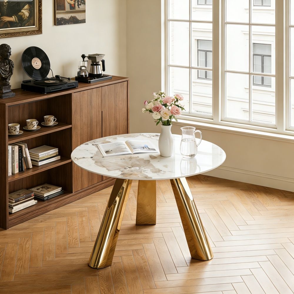 Marble Grained Stone Round Table Three - Legged Round Table With Stainless Steel Plated Legs Natural Healthy And Environmentally Friendly Round Table