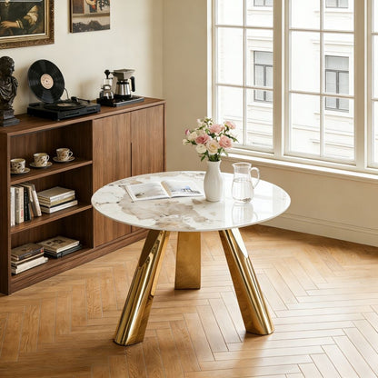 Marble Grained Stone Round Table Three - Legged Round Table With Stainless Steel Plated Legs Natural Healthy And Environmentally Friendly Round Table