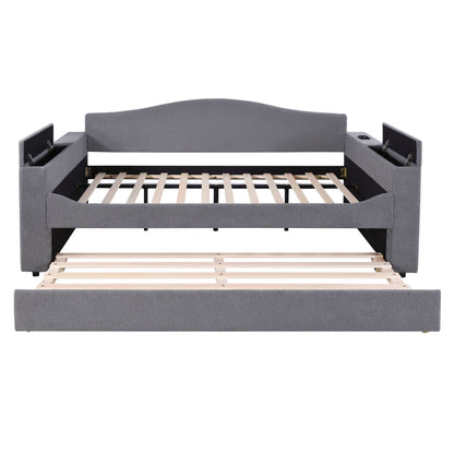 Full Size Upholstered Daybed With Storage Armrests, Trundle And Latest Integrated Bluetooth Audio System, Teddy Fleece - Gray