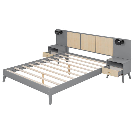 Queen Size Bed Frame With 2 Nightstands Elegant Design With Lamps - Gray