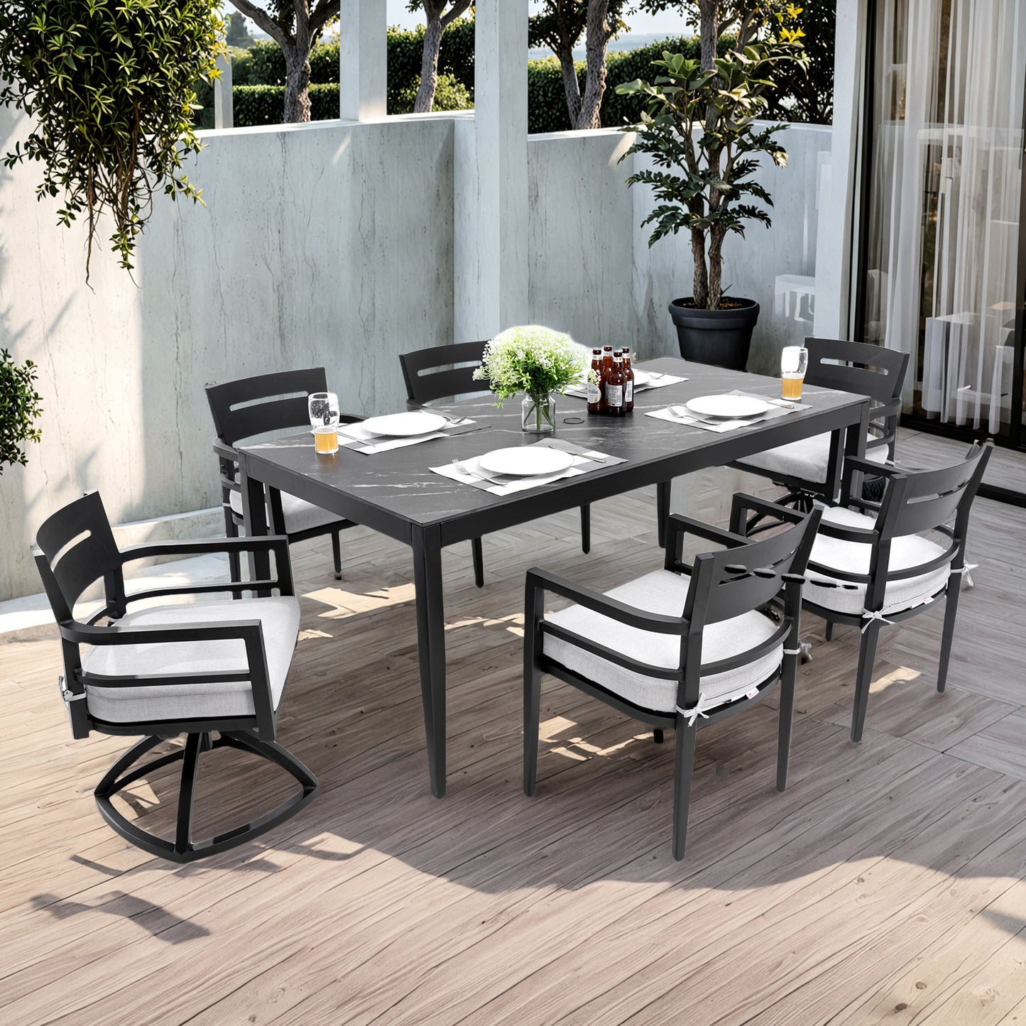 7 Pieces Modern Outdoor Patio Dining Set, Rectangular Table, 4 Chairs & 2 Swivel Rockers, Sunbrella Cushions - Ember Black