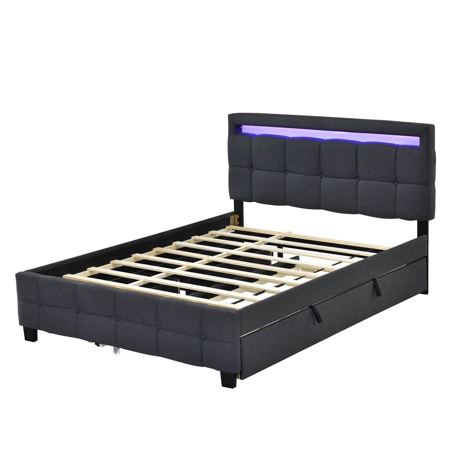 Upholstered Platform Bed With LED Frame, With Trundle And 2 Drawers