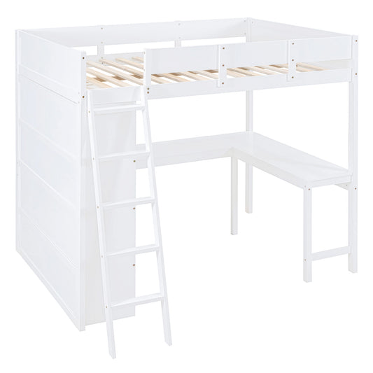 Full Size Loft Bed With Desk And Storage Shelves - White