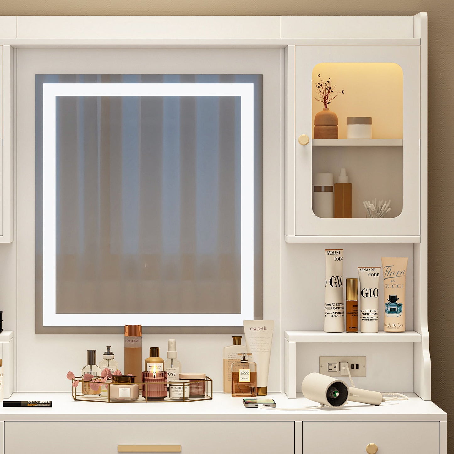 Elegant Vanity Table Set With Mirror, 6 Drawers & Shelves, Construction, Spacious Design - White