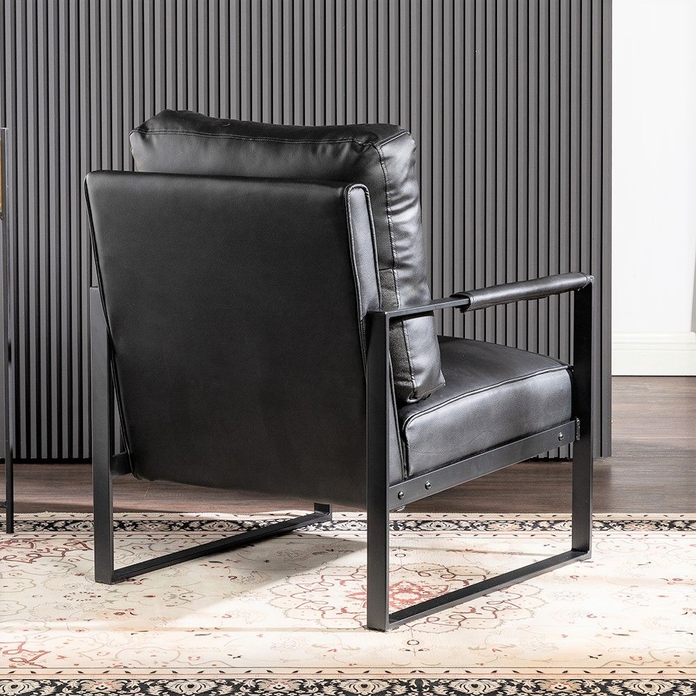 Classic Mid Century Modern Accent Chair With Durable Square Metal Frame, Armchair For Living Room, Bedroom, Home Office Spotted Microfiber Upholstery - Black