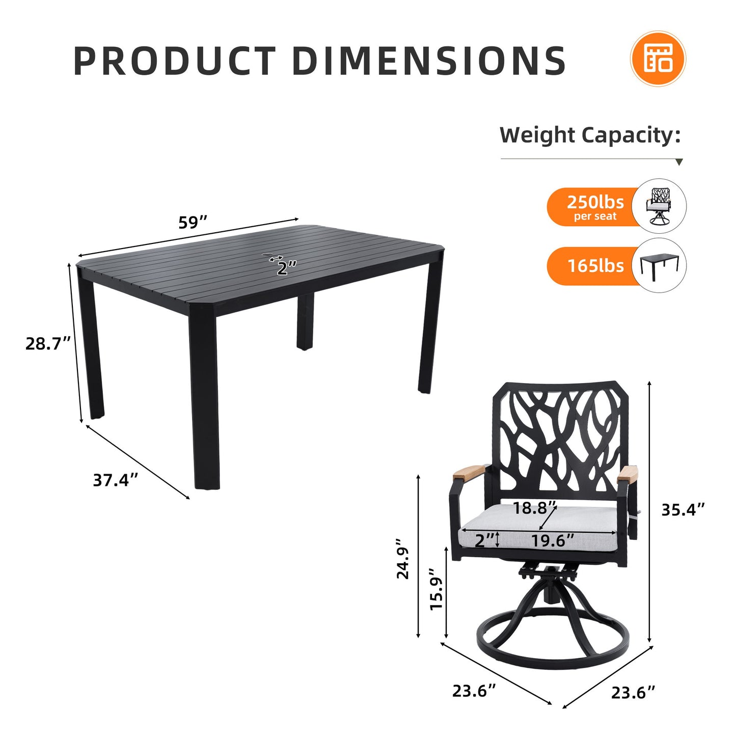 7 Pieces Outdoor Patio Furniture Set, Modern Dining Set With 6 Swivel Rockers Sunbrella Fabric, Rectangular Table With Umbrella Hole - Bourbon Brown