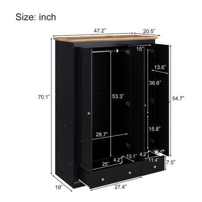 Modern 3 Doors Armoire Wardrobe Closet With 2 Drawers, Tall Wardrobe Cabinet With Hanging Rail And Shelve For Bedroom - Natural / Black