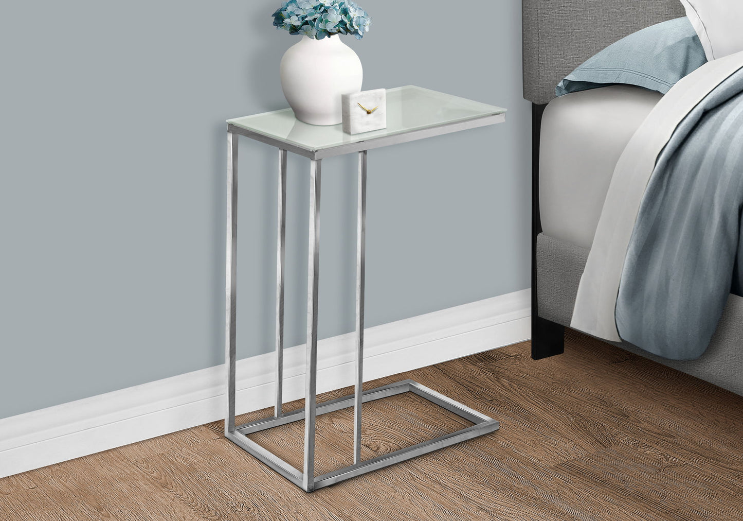 C-Shaped Accent Table Tempered Glass For Living Room - Chrome