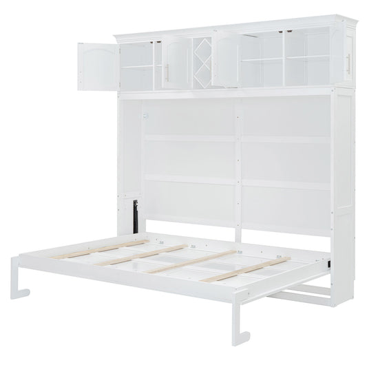 Queen Size Murphy Wall Bed With Top Cabinets & Wine Rack - White