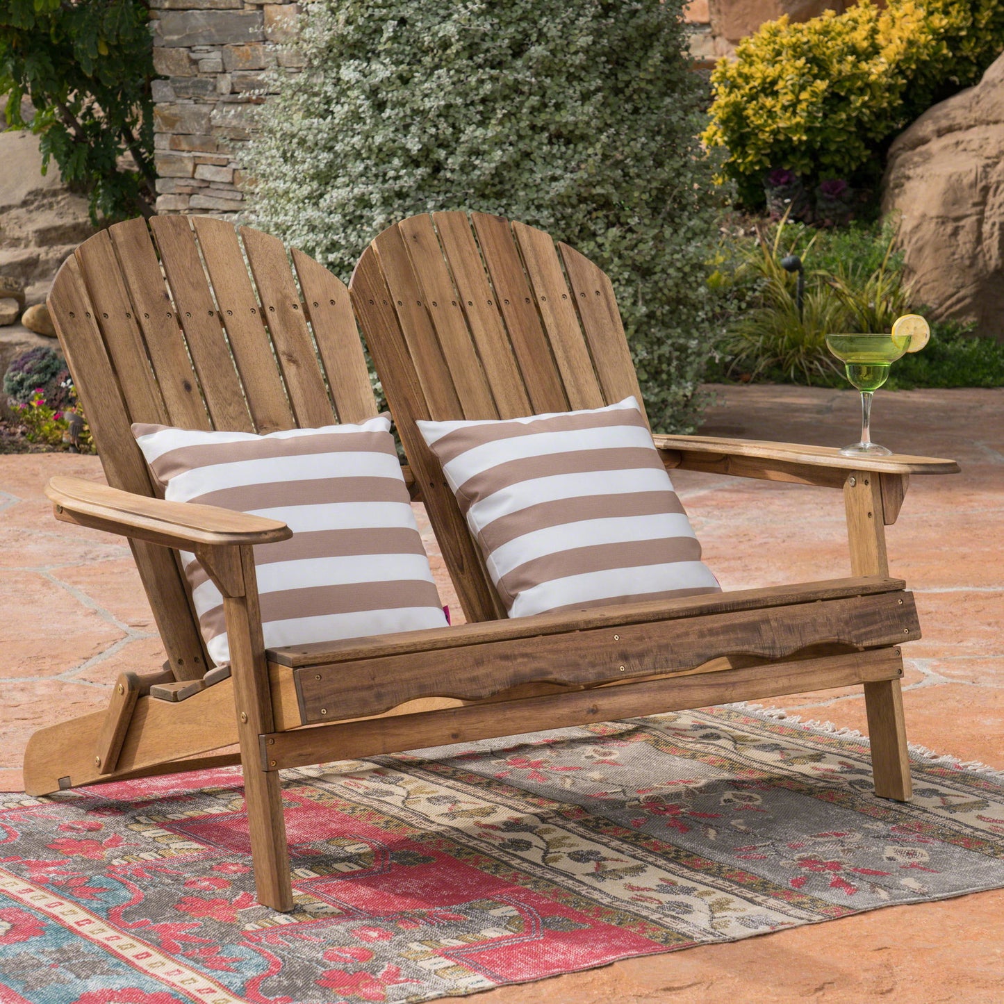 Outdoor Adirondack Rocking Loveseat With Hand Crafted Details - Natural