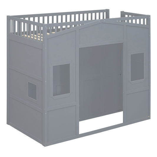 Twin Size House Loft Bed With Ladder And Wardrobe - Gray