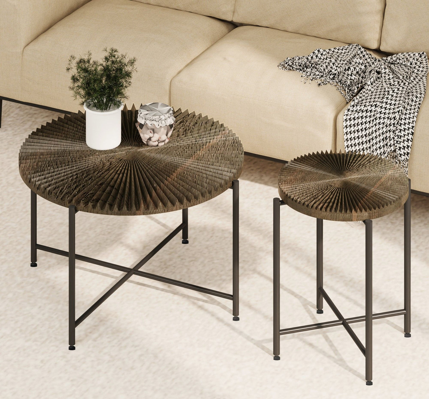 Radial - Pattern Coffee And End Table Set Waterproof Cover, Distressed Cylindrical Design, Legs Classic Rustic Charm (Set of 2) - Walnut Brown