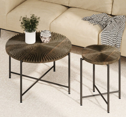 Radial - Pattern Coffee And End Table Set Waterproof Cover, Distressed Cylindrical Design, Legs Classic Rustic Charm (Set of 2) - Walnut Brown