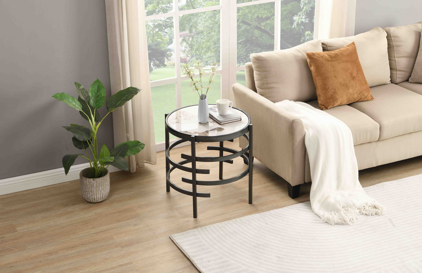 Round Table With Sintered Stone Top And Sturdy Metal Frame