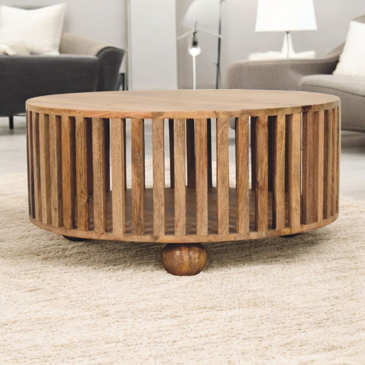 Slatted Round Coffee Table - Beige