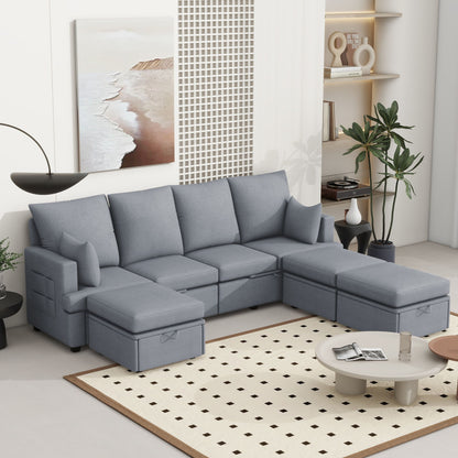Modern Modular Sofa, 6 Seat Chenile Sectional Couch Set With 2 Pilows Included, Freely Combinable