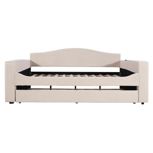 Full Size Upholstered Daybed With Storage Armrests, Trundle And Latest Integrated Bluetooth Audio System, Teddy Fleece - Beige