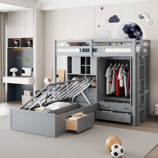 Bunk Bed With Drawers, Wardrobe, Storage Shelves And Hydraulic