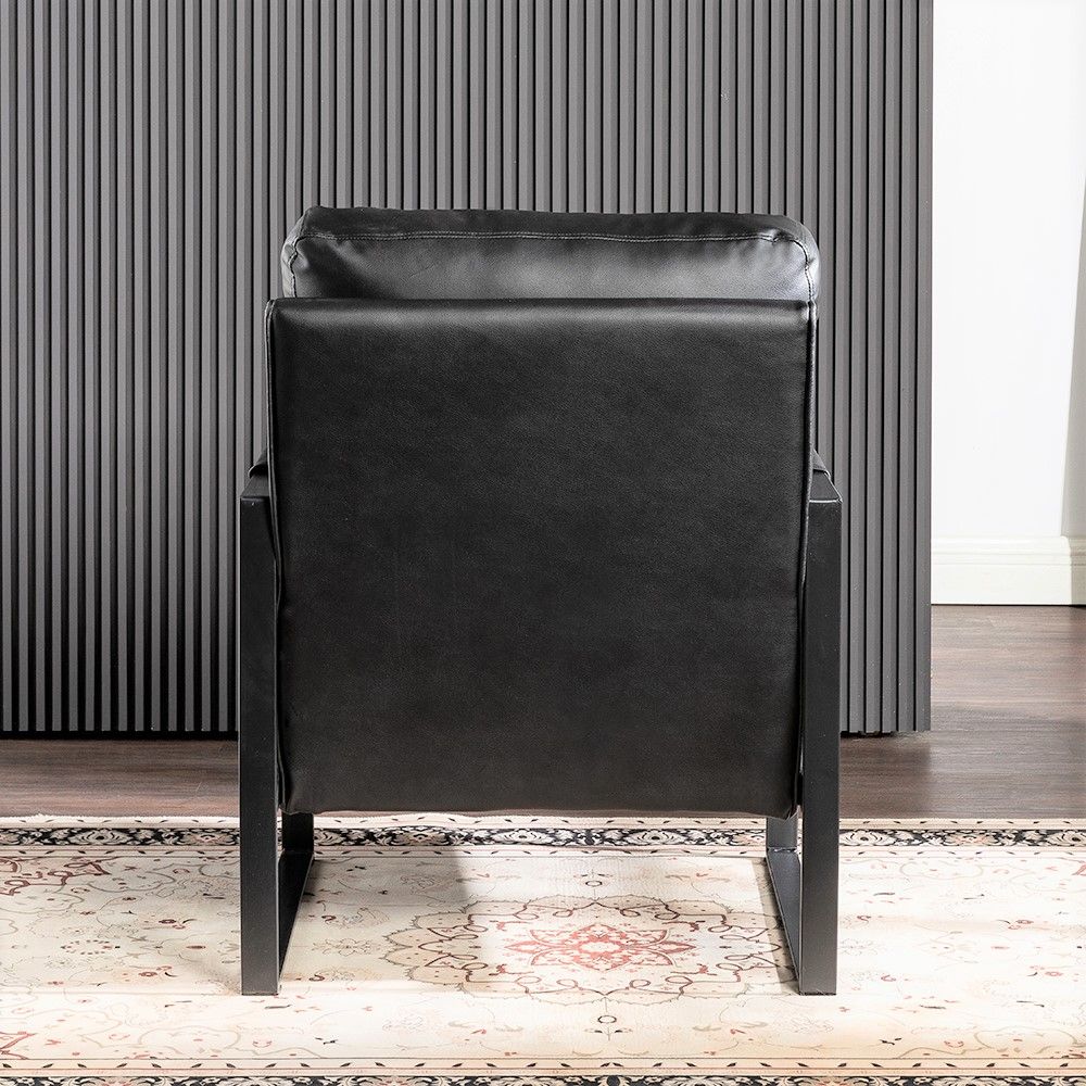 Classic Mid Century Modern Accent Chair With Durable Square Metal Frame, Armchair For Living Room, Bedroom, Home Office Spotted Microfiber Upholstery - Black