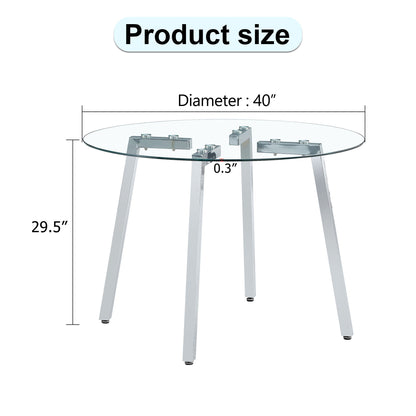 Modern Minimalist Circular Transparent Tempered Glass Table With Metal Legs For Kitchen And Dining Room - Silver / Transparent