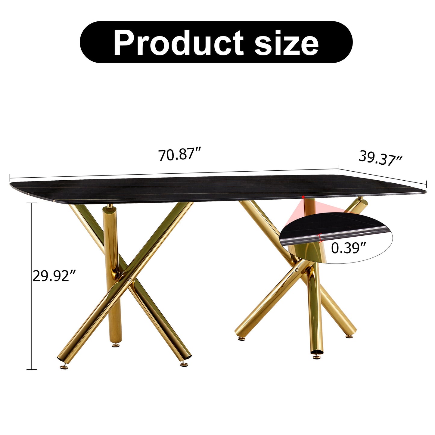 Modern Minimalist Rectangular Dining Table With Imitation Marble Glass & Metal Legs - Black / Gold