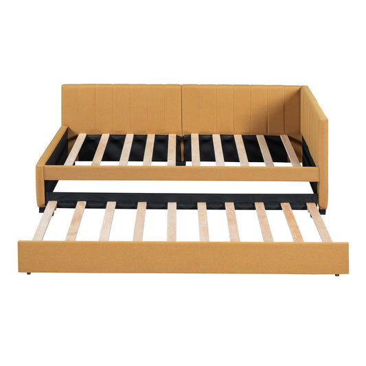Upholstered Daybed With Trundle Twin Size Sofa Bed Frame No Box Spring Needed, Linen - Yellow