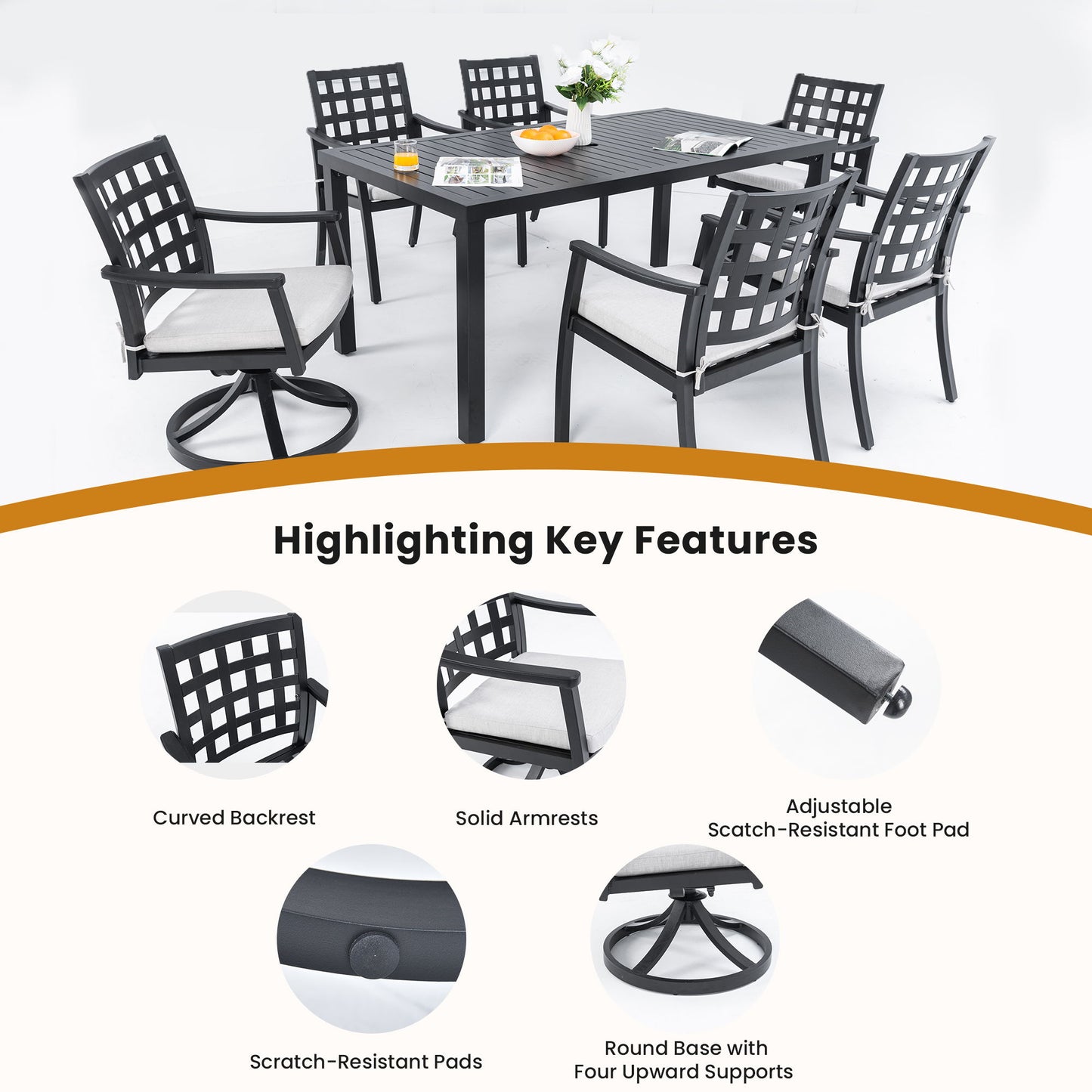 7 Pieces Modern Classic Outdoor Patio Dining Set With Rectangular Table, 6 Chairs, Cast, Sunbrella Cushions - Ember Black