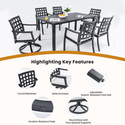7 Pieces Modern Classic Outdoor Patio Dining Set With Rectangular Table, 6 Chairs, Cast, Sunbrella Cushions - Ember Black