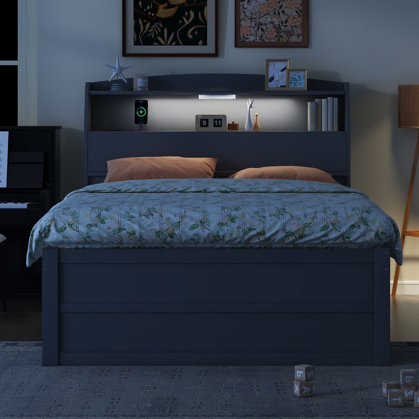 LED Platform Bed With Trundle With Storage Headboard With Drawers