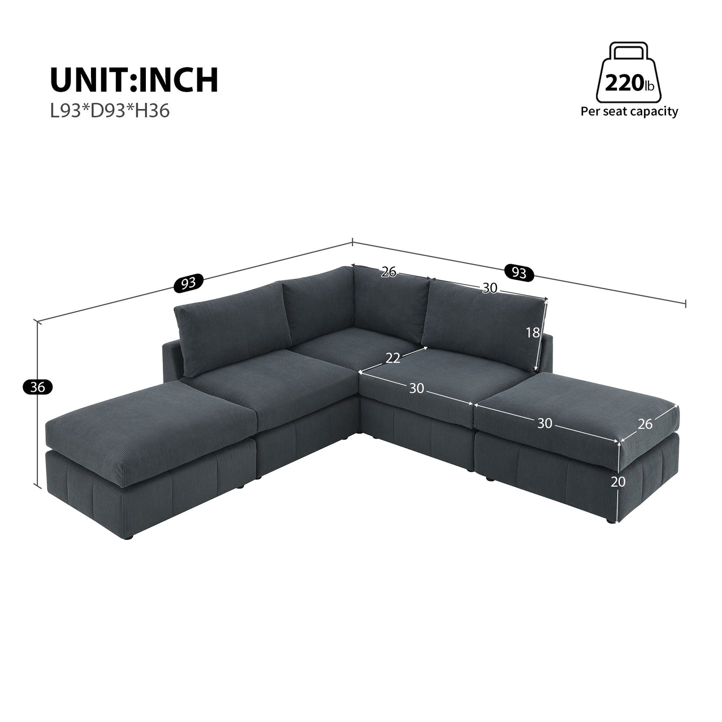 Modern Sectional Sofa With Vertical Stripes, 5 Seat Armless Couch Set With Convertible Ottomans, Various Combinations, L-Shape Indoor Furniture For Living Room
