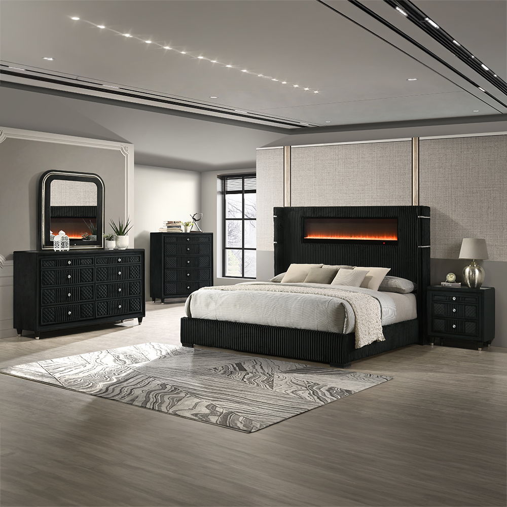 Garner - Bed With Fireplace, LED, Reading Light, Speaker, Bluetooth & USB